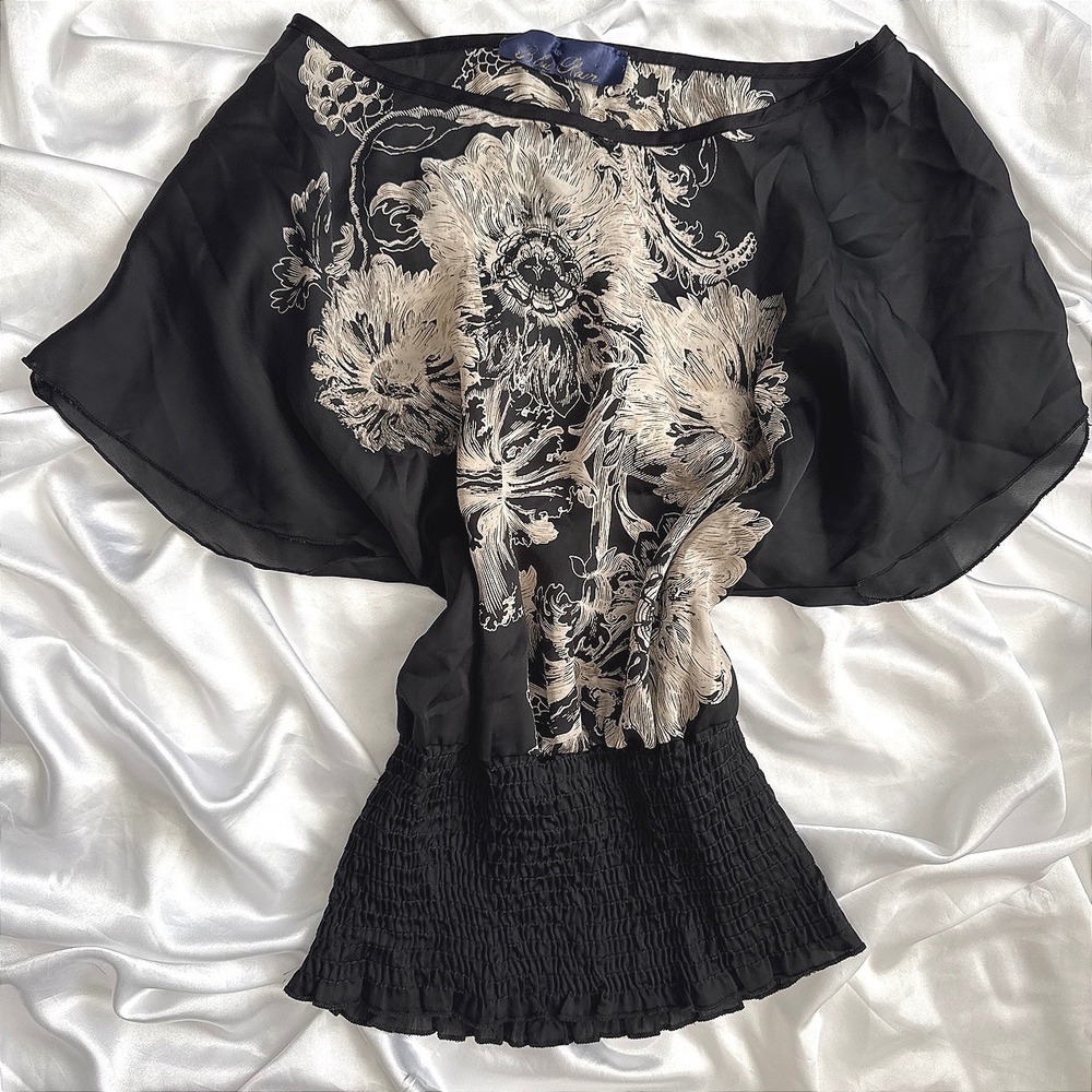 Blue Rain Black Cream Floral Smocked Blouson Flutter Sleeve Top Blouse